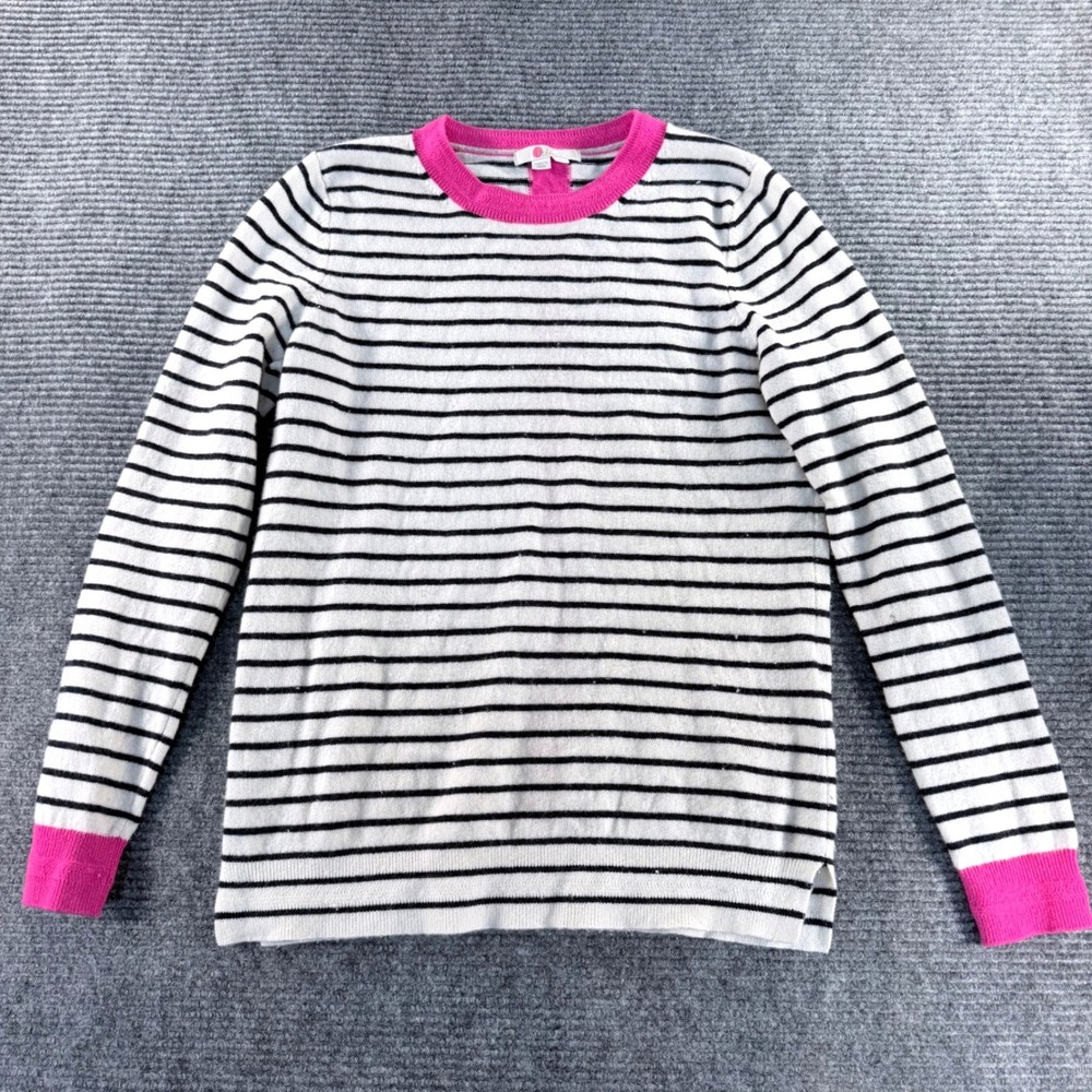 Boden Cashmere Sweater Womens Medium White Black Striped Pink Trim K0242